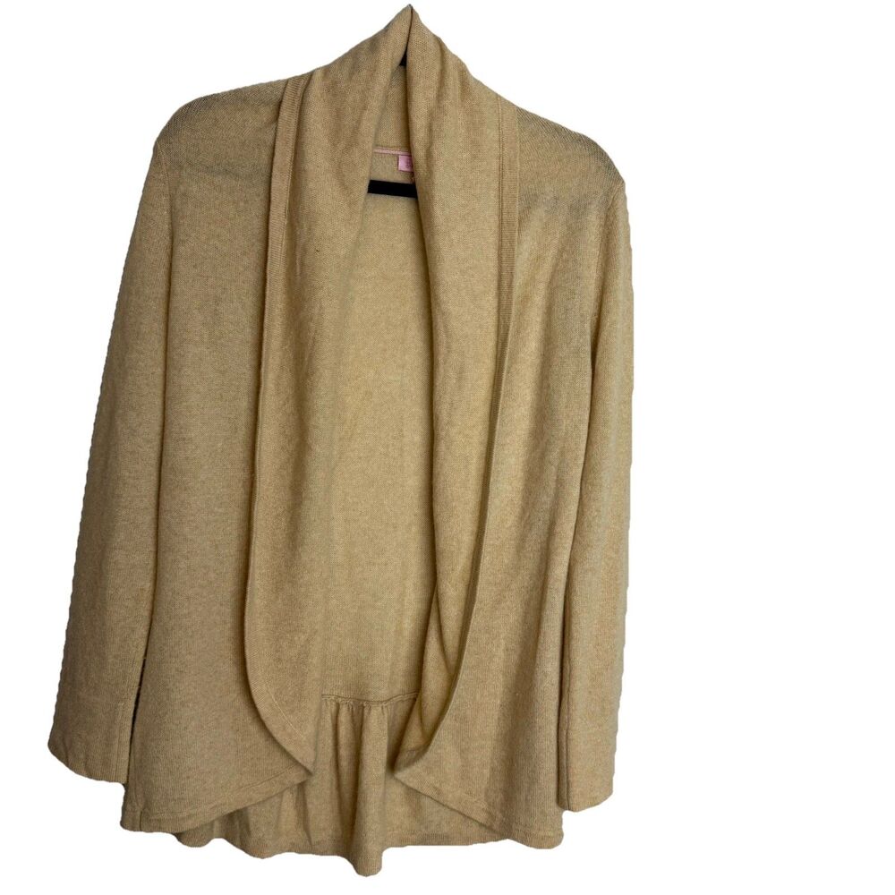 Lilly Pulitzer Tan 100% Cashmere Cardigan Open Front Ruffled Hem Womens Sz Small